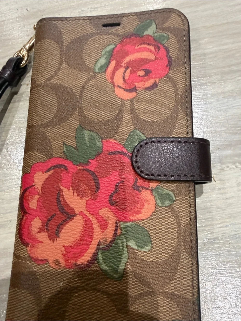 Coach Brown Signature Floral Wristlet IPhone XS/S Case with Red Roses